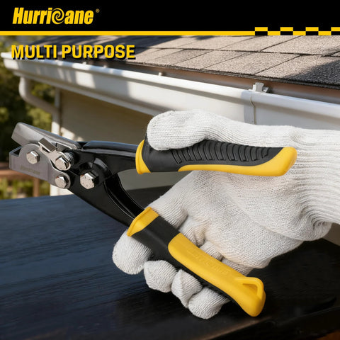 Hurricane Snap-Lock punch tool with yellow/black grip for gutter end-cap crimping.