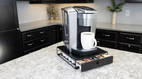 Under Coffee Pot Storage Sliding Drawer Space Saver For K Cup Pods, Black, 30 Pod Capacity, Non Rolling, Compact Counter Organizer For Home Kitchen Fits Most K Cup Pods, Keeps Counters Clean, Easy Slide, Non Slip Base, Black Finish