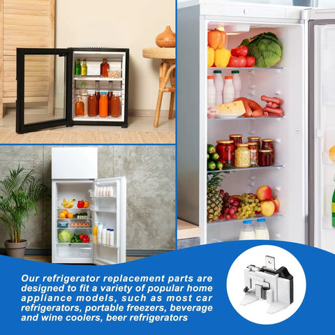 4 Pack 1/2 HP Refrigerator Overload Protector Replacement Parts For Freezers And Coolers next to open fridges with food and drinks.
