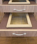 Open wooden drawers with chrome zinc alloy pull handles for wardrobe and furniture, 128mm spacing, easy grip design.