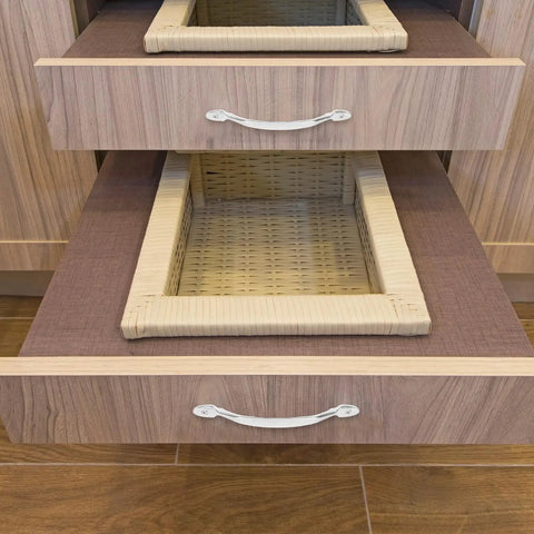 Open wooden drawers with chrome zinc alloy pull handles for wardrobe and furniture, 128mm spacing, easy grip design.