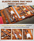 Leather Working Tools Kit Max Version With Custom Handbag showing organized awls, punches, threads, and tools in elastic loops