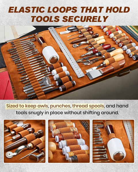 Leather Working Tools Kit Max Version With Custom Handbag showing organized awls, punches, threads, and tools in elastic loops