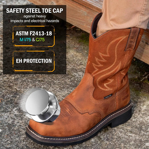 Rugged Steel Toe Cowboy Boots For Men Western Square Toe Work Boot In Full Grain Leather Hazard Protection For Construction Farm And Industrial Jobs Slip Resistant Outsole Size 10.5 Light Brown - side view on rough ground highlighting safety steel toe cap.
