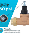 Side view of Cash Acme EB45 pressure regulating valve, brass body with poly top, 3/4 in NPT female, double union