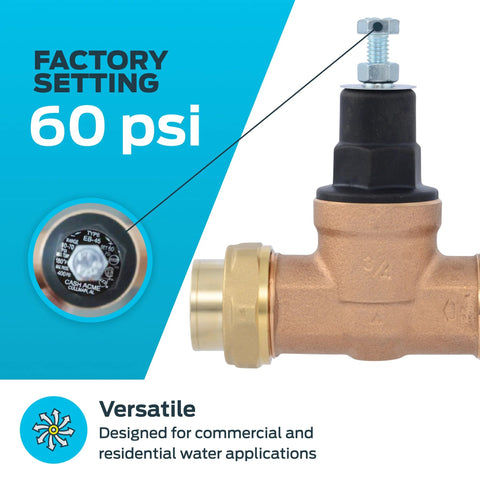 Side view of Cash Acme EB45 pressure regulating valve, brass body with poly top, 3/4 in NPT female, double union