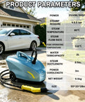 Heavy-Duty Professional Portable Steam Cleaner With 30 Second Quick Heat Up For Auto Detailing And Deep Cleaning No Chemicals Needed High Power Commercial Grade Steamer For Tough Grime, shown with parameters beside.