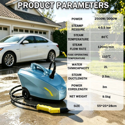 Heavy-Duty Professional Portable Steam Cleaner With 30 Second Quick Heat Up For Auto Detailing And Deep Cleaning No Chemicals Needed High Power Commercial Grade Steamer For Tough Grime, shown with parameters beside.