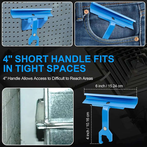 Duct Clip Tool For HVAC Ductwork With Magnetic Clip Access, PPC And PPF Cleat Tools, blue handle shows 4-inch and 6-inch features.