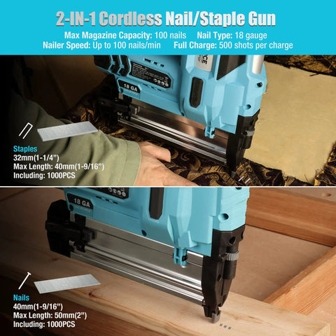 2-IN-1 Cordless Nail/Staple Gun showing nailing and stapling options with 100 nail capacity and 1000 included pins for home remodeling.