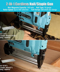 No Nonsense Heavy Duty 20V Cordless Brad Nailer And Staple Gun 18 Gauge in use on fabric and wood, showcasing nails and staples.