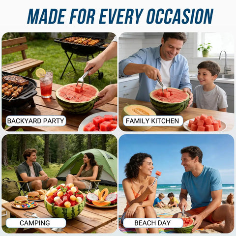 Collage showing 2 In 1 Watermelon Cutter And Serving Fork used at backyard party, family kitchen, camping, and beach day scenes.