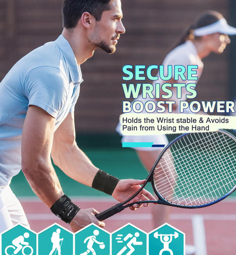 Man playing tennis wearing Wrist Support Wrap For TFCC Tears And Carpal Tunnel Relief Ultra Thin Adjustable Compression Strap.