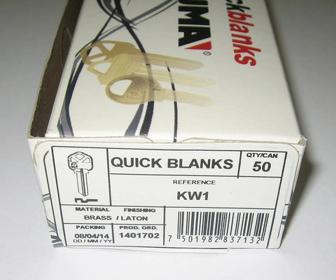 Box of 50 brass key blanks KW1 Kwikset compatible, shown with packaging details, durable locksmith key blanks ready to cut.