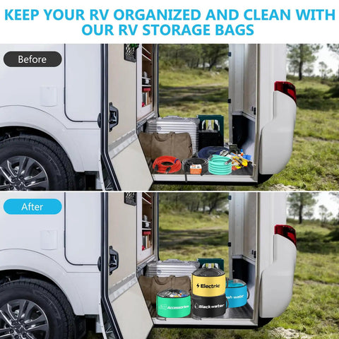 Color Coded RV Storage Bags Set Of 4 Waterproof Hose And Accessory Organizer Pouches Before and After in RV