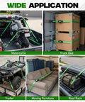 Heavy Duty Retractable Ratchet Straps Four Pack With Dual Pawl Lock One Inch By Eleven Feet securing motorcycle and cargo in various applications.
