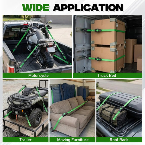 Heavy Duty Retractable Ratchet Straps Four Pack With Dual Pawl Lock One Inch By Eleven Feet securing motorcycle and cargo in various applications.