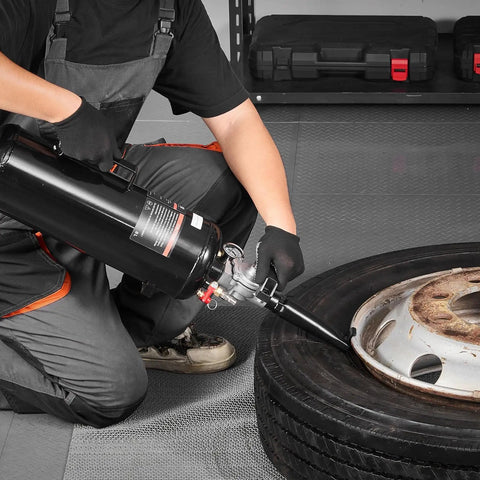Person using Portable Tire Bead Seater And Air Bead Blaster On The Go, 2.1 Gal Tank, Handheld Inflator Tool With 87-116 PSI on tire