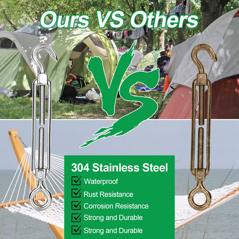 Comparison of 10 Pack M6 Turnbuckle Hook And Eye Set Stainless Steel 304 with a competitor's product, highlighting durability.