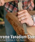 Heavy Duty Mortise Chisel Set With Chrome Vanadium Steel Blades And Premium Hornbeam Handles For Professional Cabinetmaking And Precision Woodworking Includes 1/4 Inch 3/8 Inch And 1/2 Inch Tools Built Tough For The Daily Grind, showing 1/2 inch chisel in use on wood.