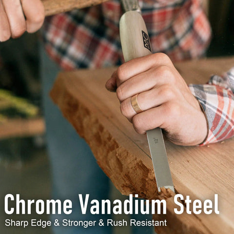 Heavy Duty Mortise Chisel Set With Chrome Vanadium Steel Blades And Premium Hornbeam Handles For Professional Cabinetmaking And Precision Woodworking Includes 1/4 Inch 3/8 Inch And 1/2 Inch Tools Built Tough For The Daily Grind, showing 1/2 inch chisel in use on wood.