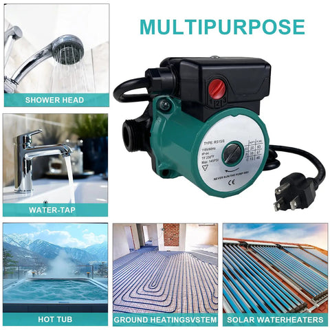 Heavy Duty Hot Water Recirculating Pump 115V With 3 Speed Control And 145 PSI Rating Home Water Heater with shower head and faucet.