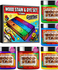 Take Your Woodworking Up A Nice Notch With This Killer Concentrated Wood Stain Dye Powder Blend That Mixes Fast With Water For Hella Vibrant Purple Red Blue Tones, featuring five jars of vibrant colors.