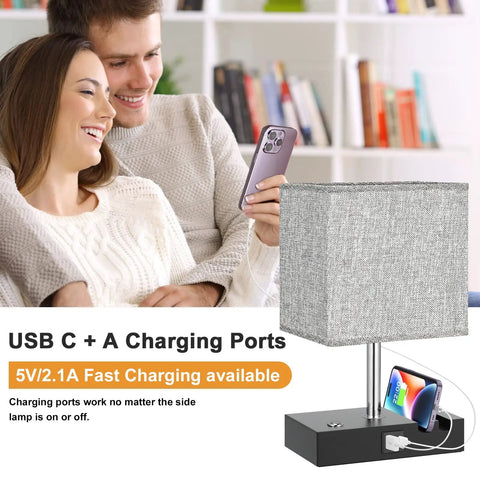 Touch Lamp With USB C And USB A Ports, 3 Level Brightness, 3 Way Dimmable Bedside Table Lamp With 2 Phone Slots and Bulb