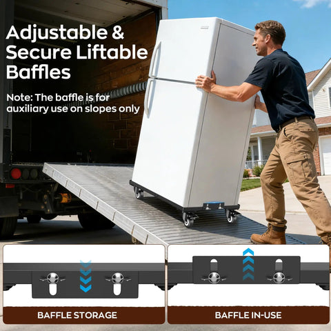 Built Like A Tank Heavy Duty Furniture Dolly With Lift Table Baffles And Locking Brakes Reinforced Steel Moving Cart transporting a refrigerator.