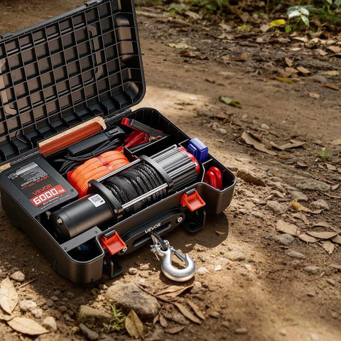 Portable Workhorse Winch 6000 Lbs 12V DC Electric With Synthetic Rope Wireless And Wired Remotes Box Style Recovery Kit With Fairlead Clevis Hook And Strap For ATV UTV Off Road Pulling Tasks, open kit on dirt