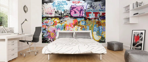 Bedroom featuring Graffiti Wall Mural Set in Multicolor for Bold Modern Industrial Decor Vibe Six Panel Wall Decal with Painted Look