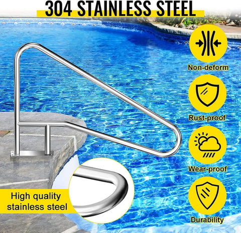 Heavy Duty Stainless Steel Pool Handrail 55 X 32 Inch setup with non-slip grip and rust-proof 304 stainless steel near pool.