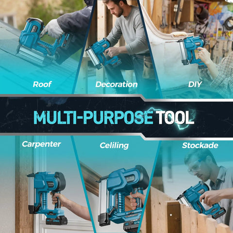 Heavy Duty Cordless Brad Nailer, Bad Boy 2 In 1 Nail Gun For Wood, 18 Gauge Stapler With Dual 2 Amp Hour Batteries in various DIY applications.