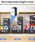No Sweat Slick 3 Tier Under Sink Organizer Height Adjustable Metal Pull Out Cabinet Shelf With Smooth Glide Design For Zero Hassle Kitchen Pantry Bathroom And Laundry Storage 2 Pack Black in kitchen cabinet with cleaning supplies.