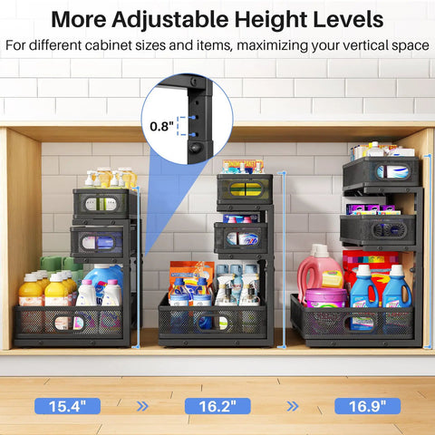 No Sweat Slick 3 Tier Under Sink Organizer Height Adjustable Metal Pull Out Cabinet Shelf With Smooth Glide Design For Zero Hassle Kitchen Pantry Bathroom And Laundry Storage 2 Pack Black in kitchen cabinet with cleaning supplies.