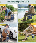 People using a Foldable Garden Kneeler And Seat With Two In One Design For Comfortable Weeding And Raised Bed Work Detachable EVA Foam Pad 350 Lbs Heavy Duty Metal Frame Tool Pouch Portable Stool For Seniors Blue for gardening, fishing, maintenance, and camping.