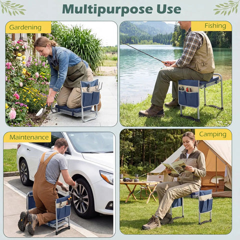 People using a Foldable Garden Kneeler And Seat With Two In One Design For Comfortable Weeding And Raised Bed Work Detachable EVA Foam Pad 350 Lbs Heavy Duty Metal Frame Tool Pouch Portable Stool For Seniors Blue for gardening, fishing, maintenance, and camping.