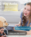 Woman using Pet Cam With 1080p WiFi Night Vision 360 Degree Wide View Rotating Base Two Way Audio Motion And Sound Alerts
