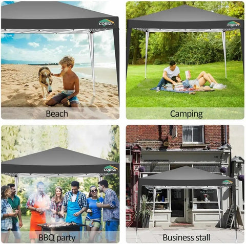 10x10 Pop Up Canopy Tent With No Fuss Setup And Instant Shade Waterproof Outdoor Shelter Includes 4 Sandbags 8 Stakes Ropes And Carry Bag For Parties Beach Backyard And Camping Black in various outdoor settings.