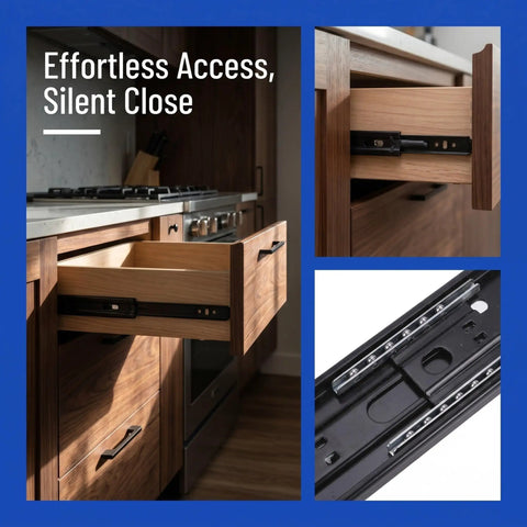 Beefy Heavy Duty Steel Telescopic Drawer Slides Four Pack Silent Operation, mounted on wooden kitchen drawers.