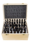 Badass 33 Piece Heavy Duty High Speed Steel Reduced Shank Drill Bit Set In Sturdy Wood Case showing drill bits in an open wooden case.