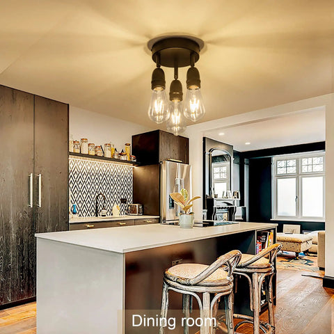 Three Light Flush Mount Ceiling Fixture In Matte Black Finish Dope Farmhouse Style Lighting in modern dining room setup.