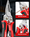 Kick Ass With KAIWEETS 9-In-1 Rechargeable Wire Stripper with split and wrap wire functions shown up close.