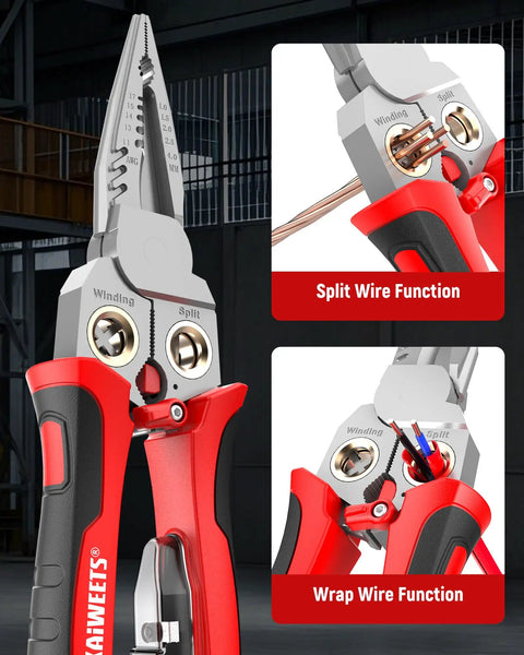 Kick Ass With KAIWEETS 9-In-1 Rechargeable Wire Stripper with split and wrap wire functions shown up close.