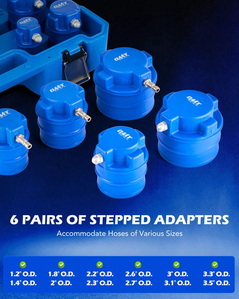 Orion Motor Tech turbo boost leak tester set, front view with six blue stepped adapters (1.2–3.5 in OD).