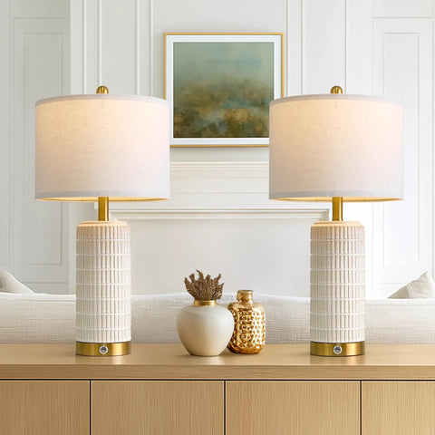 Set Of 2 Ceramic Table Lamps 24 Inch For Nightstands And Living Rooms Farmhouse Chic Modern Style White Finish display