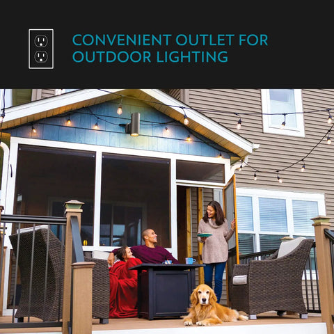 Family on porch under Carter 2-Light Outdoor Wall Lantern With Built-In GFCI Outlet In Aged Bronze, strung lights visible