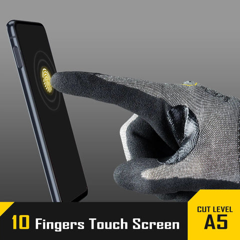 ANSI A5 Cut Resistant Gloves With Nitrile Dipped Grip Coating shown using touchscreen on smartphone
