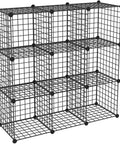Freely Configurable Nine Cube Wire Storage Organizer For Books, Toys, Plants, And More, Metal Grid Shelving System In Black Iron