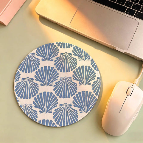 Blue Coastal Seashell Round Mouse Pad For Desk With Non Slip Base, Smooth Control, Wipe Clean Surface, 7.9 Inch Diameter Desk Decor